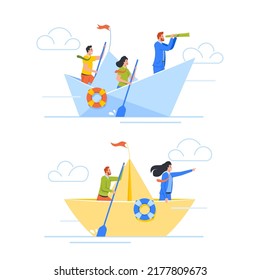 Leadership, Vision, Strategy, Survival in Crisis Business Concept. Businessman With Team Sailing On Paper Boat. Colleagues Support To Achieve Success And Promote Company. Cartoon Vector Illustration