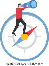 leadership or visionary concept, Direction or opportunity business compass guide, make the decision for business direction, find an investment opportunity, a businessman with binoculars and compass.