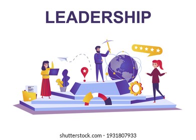 Leadership Web Konzept in flachem Stil. Geschäftsleute arbeiten zusammen, Erfolgskarriere, Projektmanagement, Finanzstrategie-Szene. Vektorgrafik von Cartoon-Figuren für die Gestaltung der Website