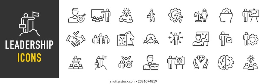 Leadership web icons in line style. Vision, teamwork, goal, strategy, skill, collection. Vector illustration.