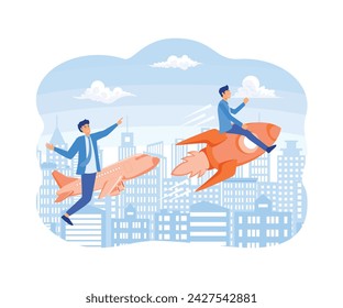 Leadership to win business competition, businessman rides fast rocket to win against other origami planes. flat vector modern illustration