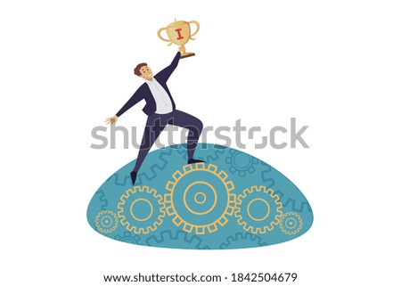 Leadership, win, success, development concept. Succesful goal achievement and financial growth triumph illustration. Businessman leader boss champion manager holding big golden cup prize trophy above.