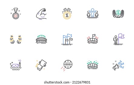 Leadership, Winner and Arena stadium line icons for website, printing. Collection of Winner reward, Laureate award, Arena icons. Approved, Basketball, Sports stadium web elements. Vector