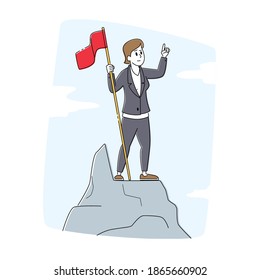 Leadership, Winner, Challenge Goal Achievement, Successful Manager Concept. Businesswoman Character Hoisted Red Flag on Mountain Top. Business Woman on Peak of Success. Linear Vector Illustration