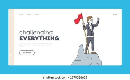 Leadership, Winner Goal Achievement, Successful Manager Landing Page Template. Businesswoman Character Hoisted Red Flag on Mountain Top. Business Woman on Peak of Success. Linear Vector Illustration