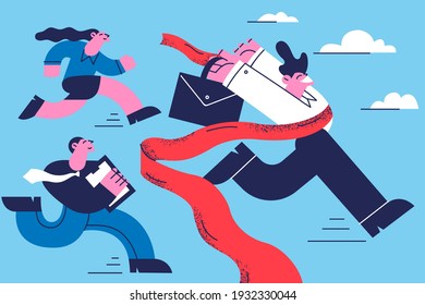 Leadership, winning, competition concept. Group of business people running and manager businessman winning race coming first crossing finish line vector illustration