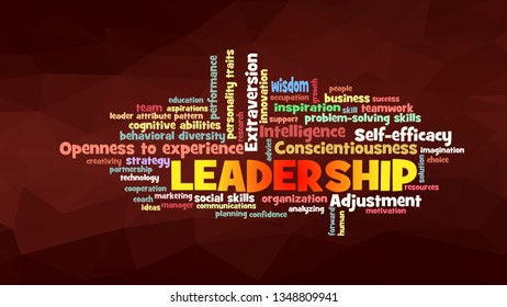 leadership Word Cloud, shows words related to leadership and leader attribute pattern concept, vector 