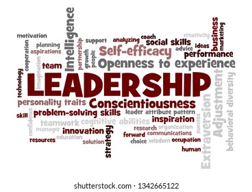leadership Word Tag Cloud, shows words related to leadership and leader attribute pattern concept, vector ESP10