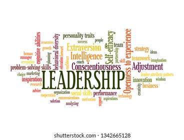 Leadership Word Tag Cloud, shows words related to leadership and leader attribute pattern concept, vector ESP10