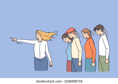 Leadership worship and pressure concept. Young positive confident determined woman pointing ahead with finger and group of people followers with eyes closed standing behind vector illustration 