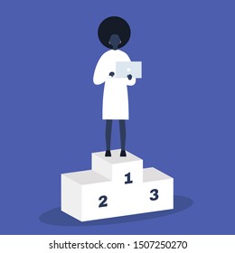 Leadership. Young Black Female Character Standing On A Pedestal. First Place. Tech Startup. Success. Flat Editable Vector Illustration. Management