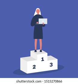 Leadership. Young female character standing on a pedestal. First place. Tech startup. Success. Flat editable vector illustration. Management