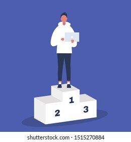 Leadership. Young male character standing on a pedestal. First place. Tech startup. Success. Flat editable vector illustration. Management