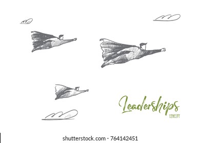 Leaderships concept. Hand drawn superhero as leader of team. Flying hero as symbol of leadership and success isolated vector illustration.