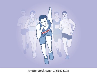 Leader,the athlete runs ahead of everyone.The group of runners,competition.The victory of the leader. Vector image.