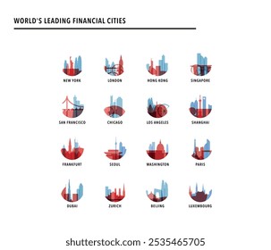 Logotipos, iconos para infografías, índice, presentación, clasificación de las principales ciudades financieras - Nueva York, Londres, Hong Kong, Singapur, Chicago, Shanghái, Fráncfort, París, Dubai, Pekín