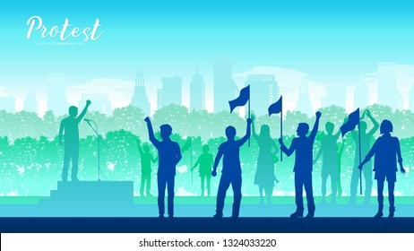 leading a group of demonstrators on road. Protest people crowd. Silhouette crowd of people protesters. Protest, revolution, conflict background landscape demonstrate concept