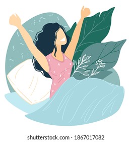 Leading healthy and active lifestyle, improving good habits of waking up early in morning. Smiling female character in bed, comfortable awakening of lady. Optimistic and positive vector in flat