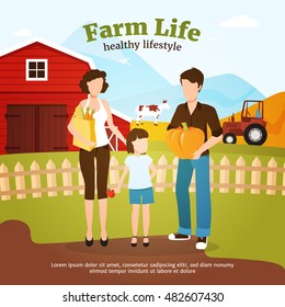 Leading healthy lifestyle family during autumn harvest time on farm flat vector illustration