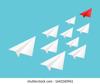 Leading Red Paper Airplane Flies Ahead Of White Planes Aimed At Common Goal.  Influencer, KOL, Key Opinion Leadership Concept.