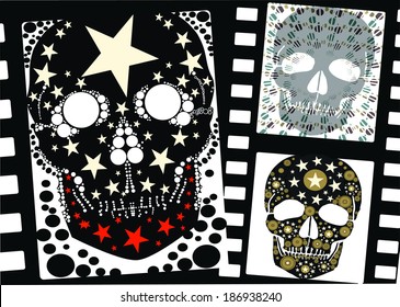 the leading role played by the ghosts of three skull print black and white vector pattern of a film frame