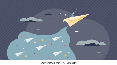 Leading startup as best and most efficient new company in market tiny person concept. Leader with innovative project ahead of competitors vector illustration. Businessman with winner strategy push.