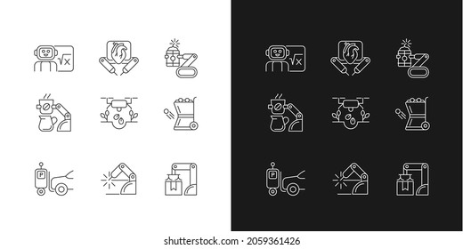 Leading technologies linear icons set for dark and light mode. Autonomous robots. Industrial automation. Customizable thin line symbols. Isolated vector outline illustrations. Editable stroke