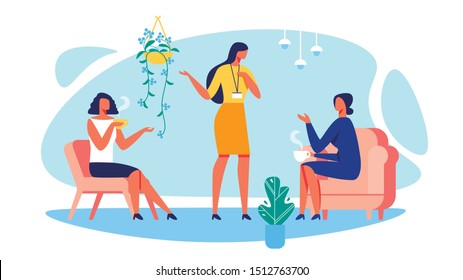 Leading Training Business and Women in Chairs. Three Women in Red Chairs Drink Tea and Discussion. Training for Women. Vector Illustration. 