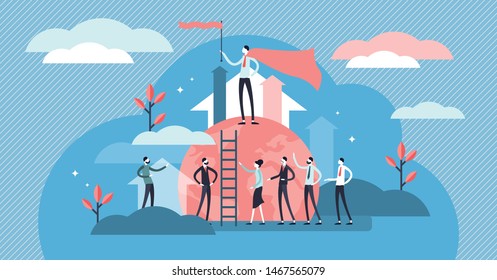 Leading vector illustration. Flat tiny business team leader persons concept. Motivational and inspirational employee for company growth performance. Power leadership strategy and guide for achievement