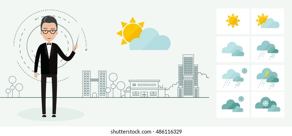 Leading the weather forecast on the background of the city.