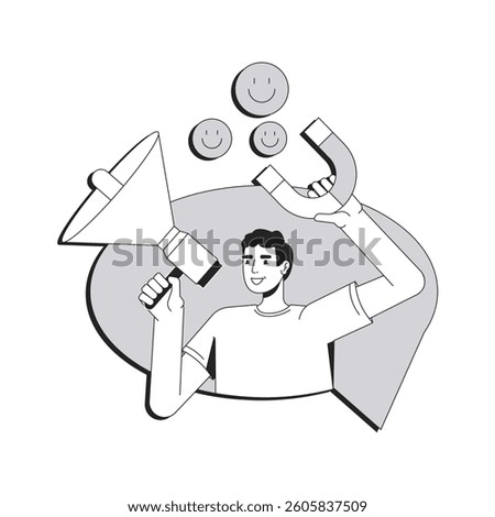 Leads generation line conceptual illustration. Customer experience. Businessman using megaphone and magnet to attract happy customers 2D outline character isolated. Linear drawing grayscale vector