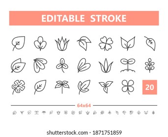Leaf 20 line icons. Vector illustration in line style. Editable Stroke, 64x64, 256x256, Pixel Perfect.