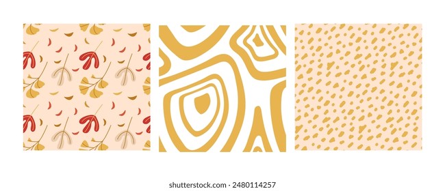 Leaf and abstract Seamless pattern set. Autumn color leaves prints. Vector illustration in doodle style. Repeated Vector background for wallpaper, wrapping, packing. Fall leaves repeat design.
