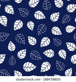 Leaf abstract white filled and outlined, over dark blue background, seamless pattern