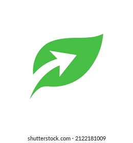 Leaf with arrow icon in flat style. Eco symbol isolated on white. Simple abstract nature icon in green. Vector illustration for logo, graphic design, Web, UI, mobile app