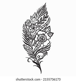 Leaf art with flowers inside. Black and white  boho feather on white background. Isolated vector illustration, design element. Vector contour drawing with line black and white. Tattoo design.