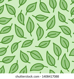 Leaf background. Green colored seamless pattern with leaves in minimal line doodle style. Decorative repeat package backdrop.