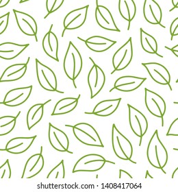 Leaf background. Green, white seamless pattern with leaves in minimal line doodle style. Decorative repeat package backdrop.