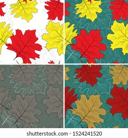 Leaf background. Modern abstract set with red autumn maple leaves seamless on colorful background for decorative design. Vector wallpaper. Floral vector illustration set. Fabric texture.