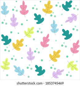 Leaf-Hintergrund Es gibt Blätter verschiedener Farben wie Blau, Rosa, violett, gelb, grün und mit grünen Kreise auf weißem Hintergrund.