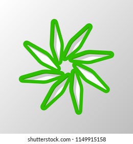 leaf, bamboo, flower. simple silhouette. Paper style. Cut symbol with green bold contour on shape and simple shadow