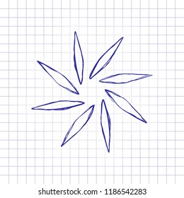 leaf, bamboo, flower. simple silhouette. Hand drawn picture on paper sheet. Blue ink, outline sketch style. Doodle on checkered background