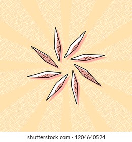 leaf, bamboo, flower. simple silhouette. Vintage retro typography with offset printing effect. Dots poster with comics pop art background