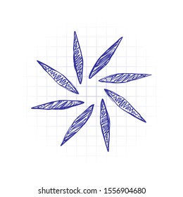 leaf, bamboo, flower. simple silhouette. Hand drawn sketched picture with scribble fill. Blue ink. Doodle on white background