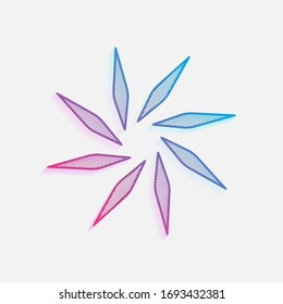hoja, bambú, flor. simple silueta. Logo coloreado con líneas diagonales y degradado azul-rojo. Gráfico neón, efecto ligero