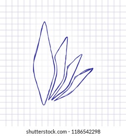 leaf bamboo. simple silhouette. Hand drawn picture on paper sheet. Blue ink, outline sketch style. Doodle on checkered background