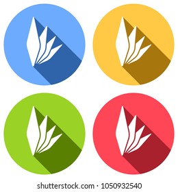 leaf bamboo. simple silhouette. Set of white icons with long shadow on blue, orange, green and red colored circles. Sticker style