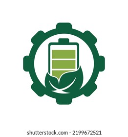 Icono vectorial de diseño del logotipo de la forma del engranaje de la batería de hoja. Diseño de ilustración de diseño de plantillas de logotipo de batería y naturaleza ecológica.