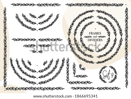 Leaf and berry divider, border and circle frame vector set for vintage book page decoration.