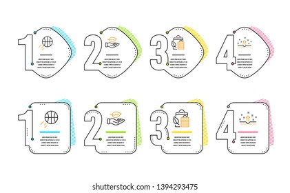 Leaf, Bio shopping and Basketball icons simple set. Clean skin sign. Plant care, Leaf, Sport ball. Cosmetics. Healthcare set. Infographic timeline. Line leaf icon. 4 options or steps. Vector